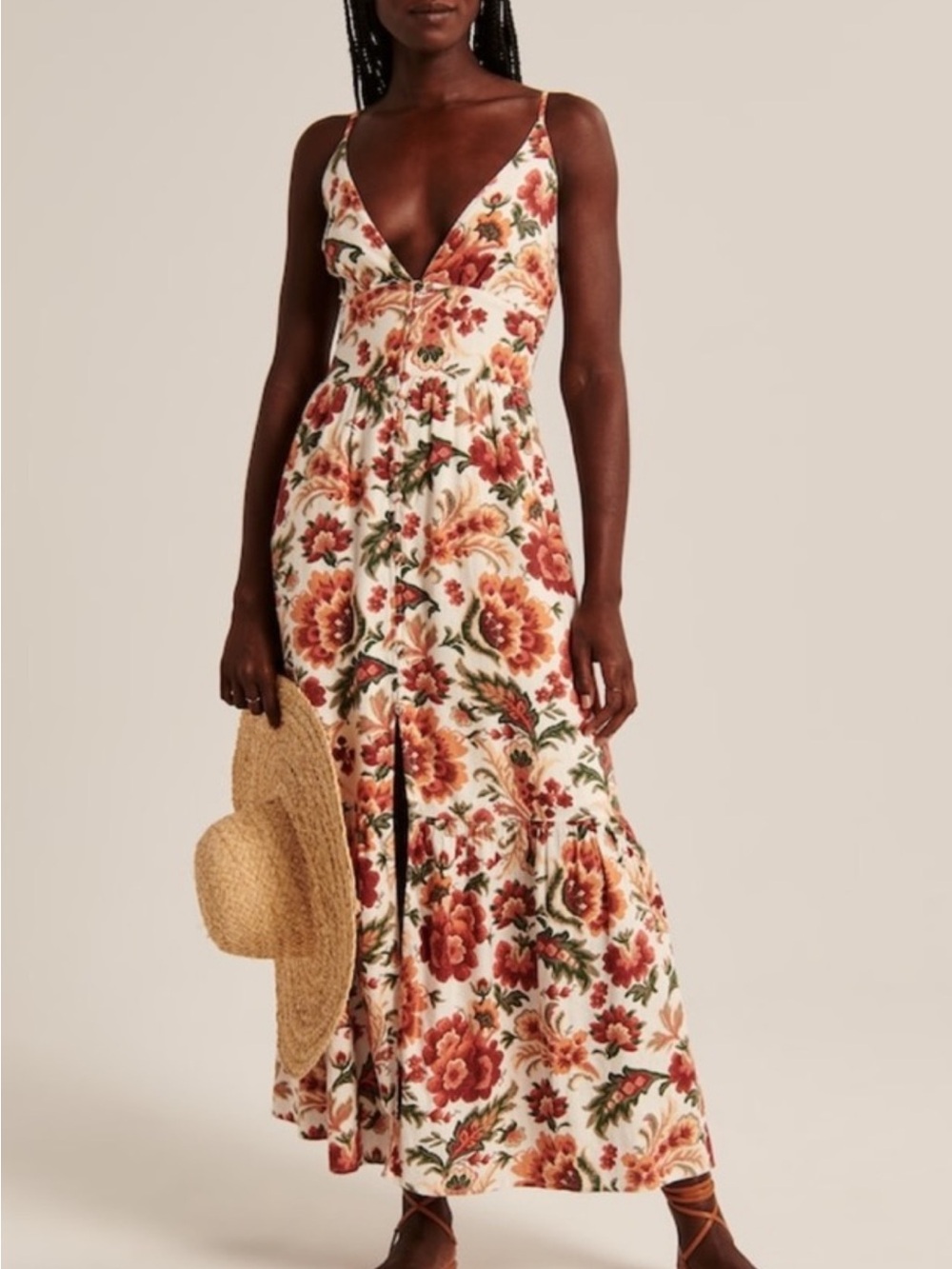 Abercrombie & Fitch Linen Blend - Floral V-Neck Maxi Dress